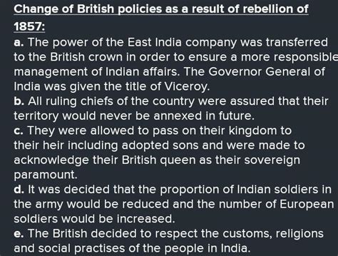 In what ways did the British change their policies as a result of the rebellion of 1857?Note ...