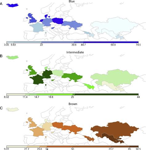 Spatial distribution of categorical eye color prevalence across Europe ...