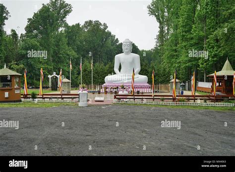 View of the giant white Buddha statue at the New Jersey Buddhist Vihara & Meditation Center ...