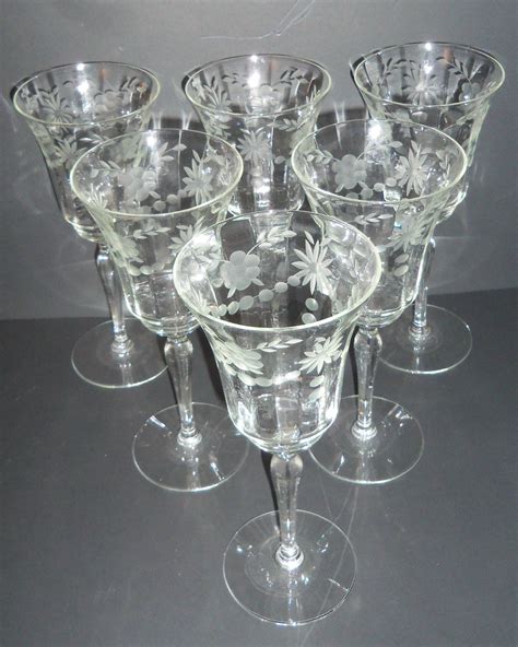 SIX Etched Crystal Wine Glasses Vintage Stemware
