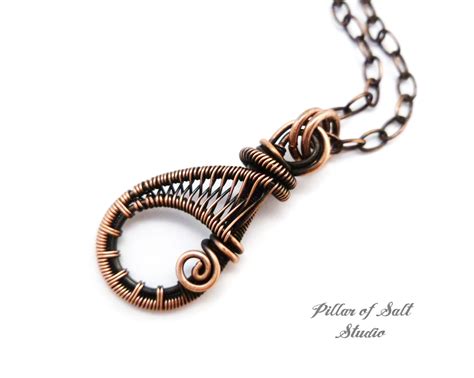 Dainty Woven wire teardrop copper wire wrapped pendant necklace - Pillar of Salt Studio, Inc.