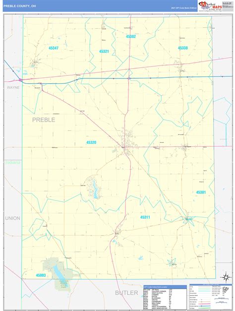 Preble County, OH Zip Code Wall Map Basic Style by MarketMAPS - MapSales