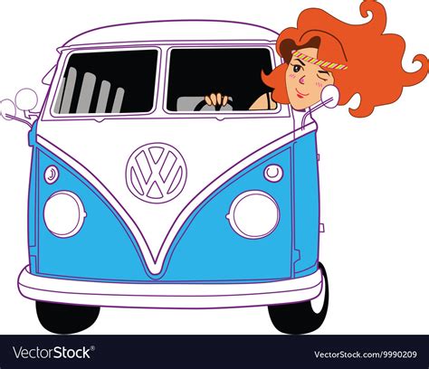 Hippie girl riding vintage blue van cartoon Vector Image