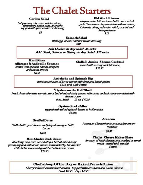 The Chalet Restaurant menu in Elkhorn, Wisconsin, USA