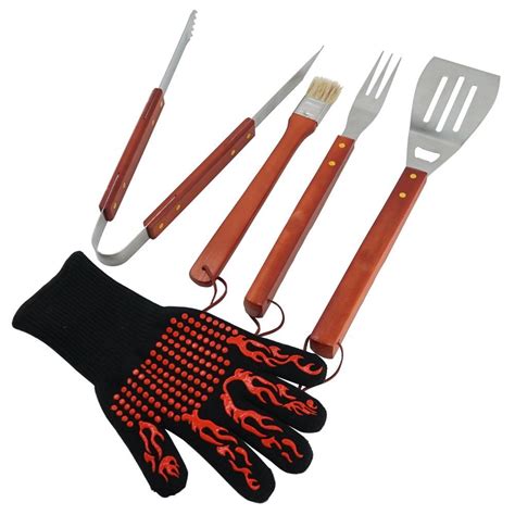 BBQ Grilling Tools Set 5-Piece Stainless Steel Tools with Wood Handles and Grill Glove Barbecue ...