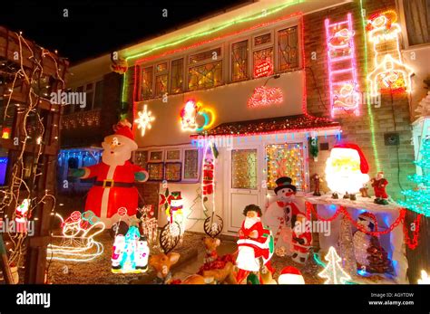 Row of Council Houses with Illuminated Christmas Decorations Stock ...