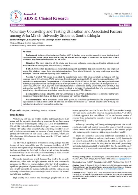 (PDF) Voluntary Counseling and Testing Utilization and Associated Factors among Arba Minch ...