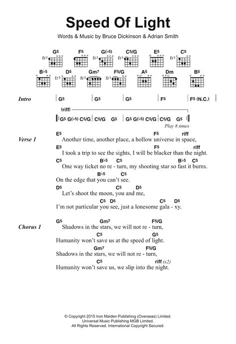 Speed Of Light by Iron Maiden Sheet Music for Guitar Chords/Lyrics at Sheet Music Direct