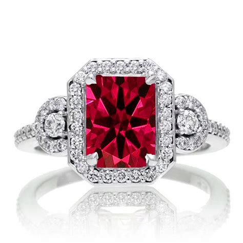 2 Carat Emerald Cut Ruby and White Diamond Halo Engagement Ring on 10k White Gold - JeenJewels