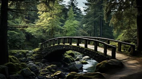 Premium Photo | Old wooden bridge in the forest with a beautiful landscape of green trees