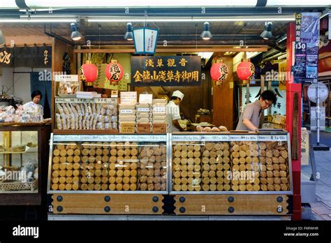 Traditional food shop on Nakamise Shopping Street at Sensoji Shrine in ...