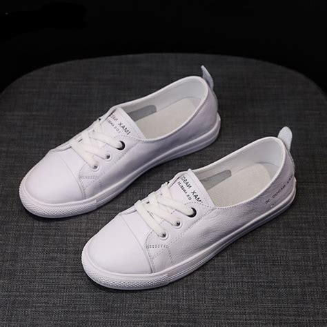 Women White Shoes, Flats Sneakers Ladies, PU Leather Slip On Soft Flat ...