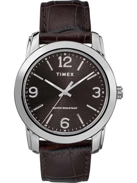 Men's Basics 39mm Black/Silver-Tone Watch, Brown Leather Strap - Walmart.com