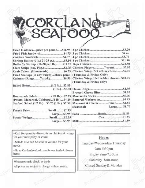 Menu at Cortland Seafood restaurant, Cortland