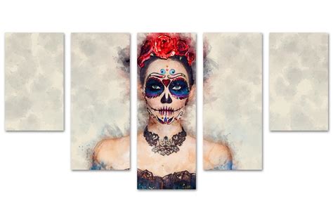 Sugar Skull Abstract Watercolor Wall Art Canvas Print 5 Panel Waterfall ...