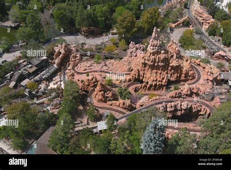 An aerial view of Big Thunder Mountain Railroad at Disneyland Park ...