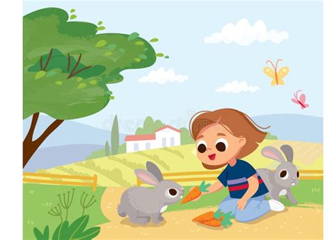 Girl Feeding Rabbits. Kid Feed the Animals at the Farm Stock Vector - Illustration of ecological ...