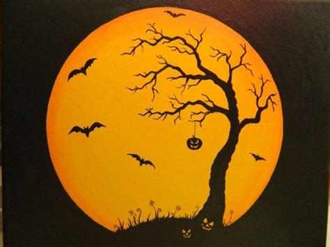 Items similar to Original Halloween canvas moon painting with bats on Etsy | Halloween canvas ...