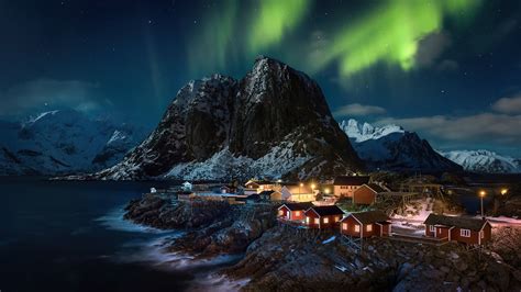 2560x1440 Lofoten Norway Village Aurora Northern Lights 4k 1440P ...