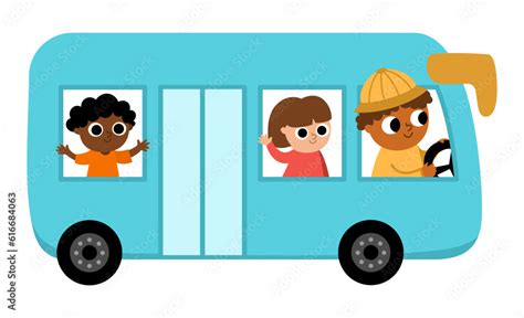 Vector blue bus with driver and passengers. Funny autobus for kids with cute boy and girl. Cute ...