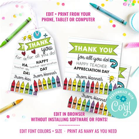 Printable Teacher Appreciation Gift Tag | Thank You Teacher Editable G ...