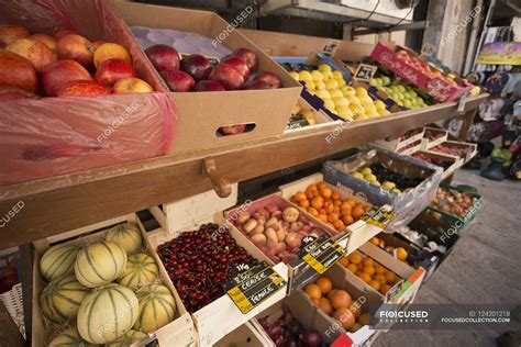 Market stall with displays — Western Europe, cultivated - Stock Photo ...