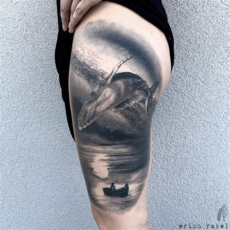 Whale & Row Boat, Girl's Thigh Tattoo | Best Tattoo Ideas For Men & Women