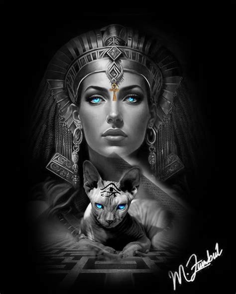 an egyptian woman with blue eyes and a cat on her shoulder, in front of ...