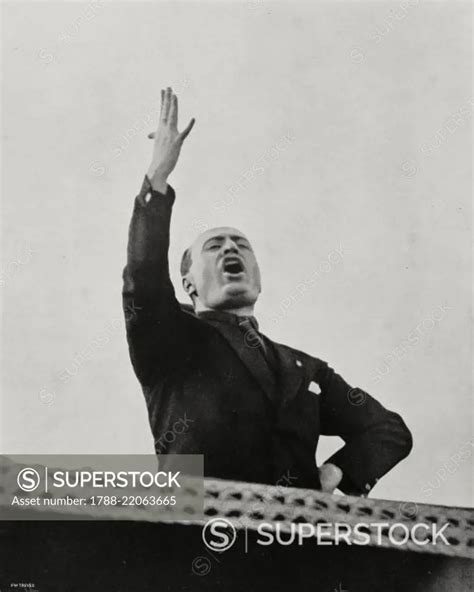 Benito Mussolini during a speech at Villa Glori for the 7th anniversary ...