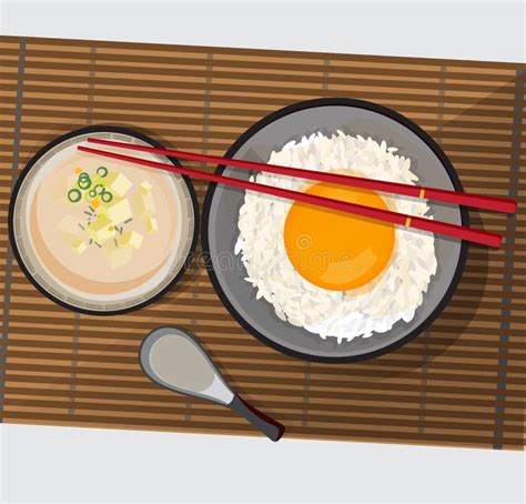 PrintTamago Kake Gohan, Rice with Raw Egg and Miso Soup with Tofu, Vector Illustration Stock ...