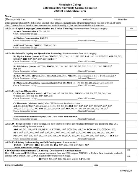 CSU General Education Transfer Requirements Worksheet | Mendocino College