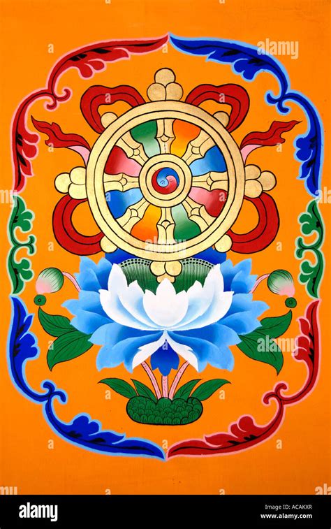 Tibetan Buddhism painting symbol wheel of life above lotus flower ...