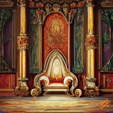 Oil painting of a majestic throne room with marble pillars and ...