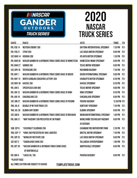 Printable 2020 NASCAR Truck Series Schedule