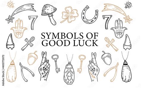 Charms of Good Luck. Hand drawn doodle Lucky symbols set. Luck symbols ...