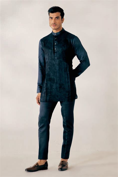 Buy Jatin Malik Blue Linen Silk Embroidered Jacket And Pant Set Online | Aza Fashions