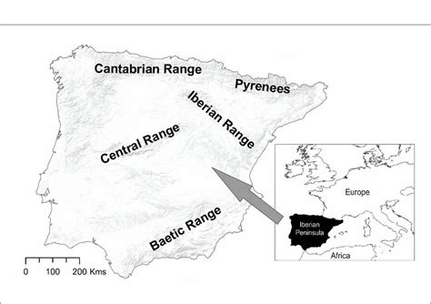 Iberian Peninsula with the main mountain ranges and the location on the ...