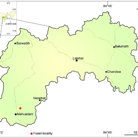 Map of Latehar district of Jharkhand showing the fossil locality near... | Download Scientific ...