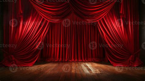 Dramatically Lit Lustrous Red Velvet Theatre Curtains and Wooden Stage Floor. Generative AI ...