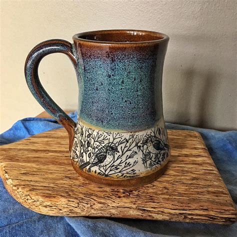 Handmade Pottery Mug With Birds, Turquoise Mug With Sparrows in Dill Flowers, Mug With Lid or ...