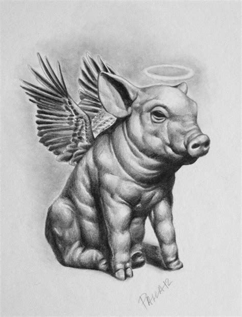 Black-and-white sitting pig angel with wings and nimbus tattoo design ...