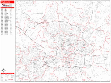 Raleigh North Carolina Zip Code Wall Map (Red Line Style) by MarketMAPS