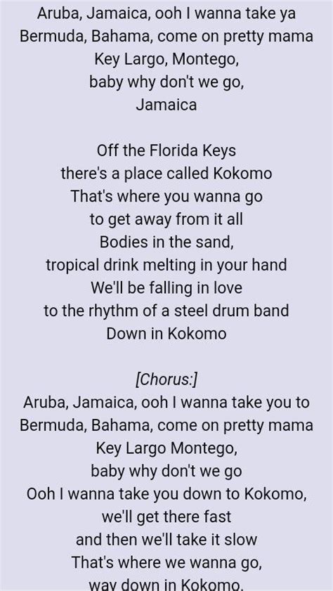 Kokomo by The Beach Boys | Great song lyrics, Kokomo lyrics, Music lyrics