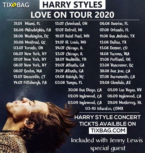 the poster for harry styles'love on tour, which includes tickets and concert information