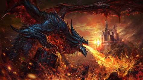 #Deathwing, #fantasy art, #fire, #dragon, #creature, #artwork, #castle ...