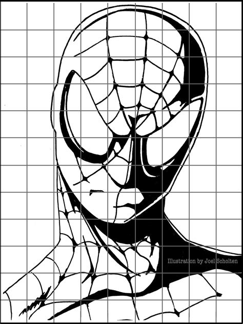 a spiderman face drawn in black and white with the grids on it's sides