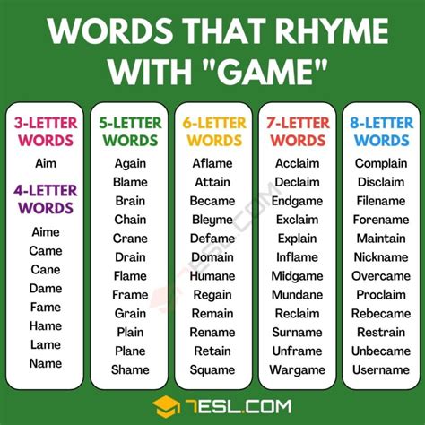 170 Words that Rhyme with Game in English • 7ESL