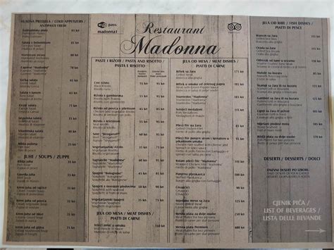 Menu at Restoran Madonna restaurant, Dubrovnik