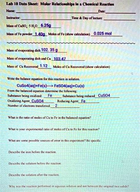 SOLVED: Texts: Lab 10 Data Sheet: Molar Relationships in a Chemical Reaction Name: Date ...