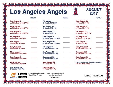 Printable 2017 Los Angeles Angels Schedule